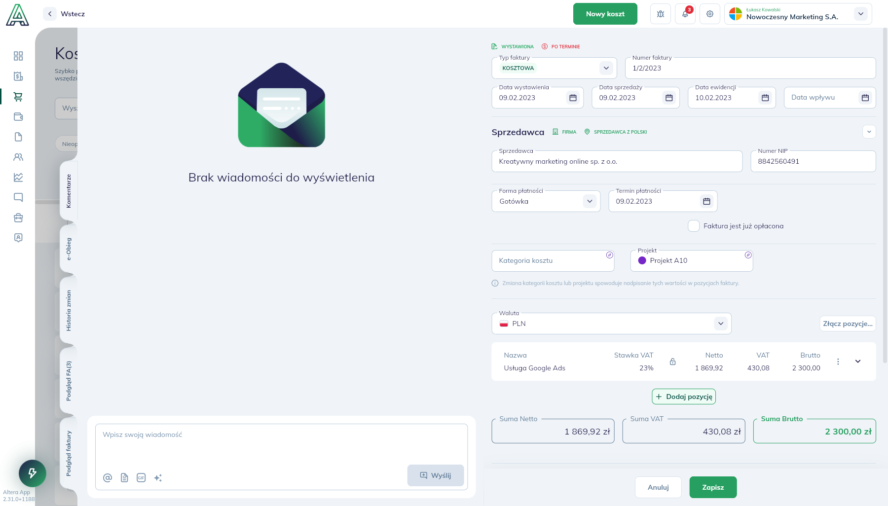 Komentarze przy fakturze w Altera.app