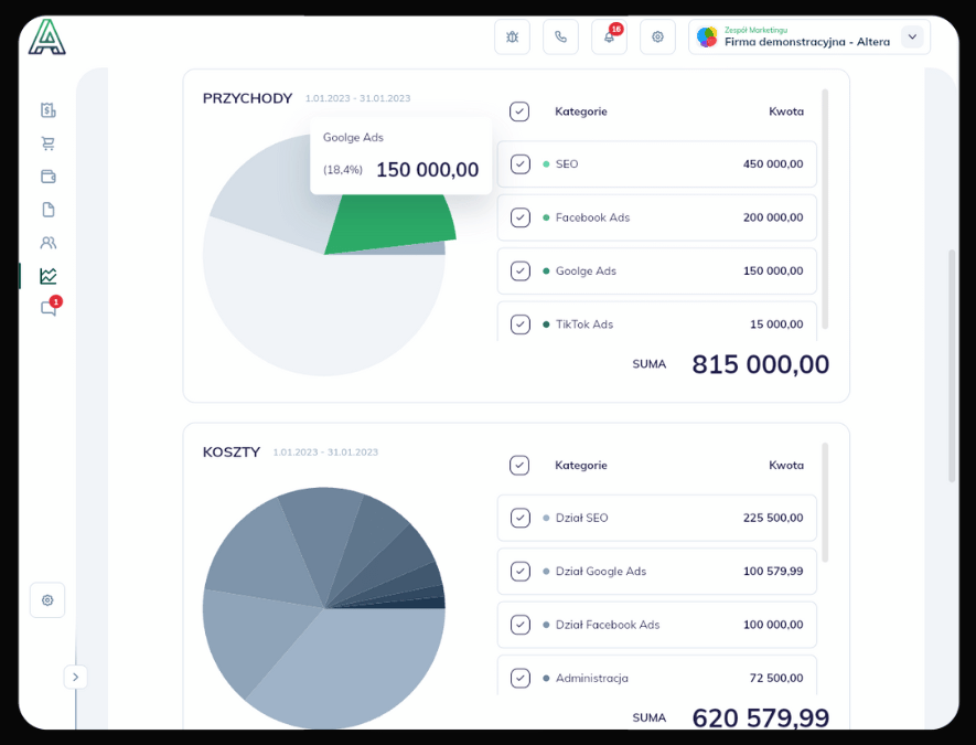 Panel kontrolingu finansowego Altera.app