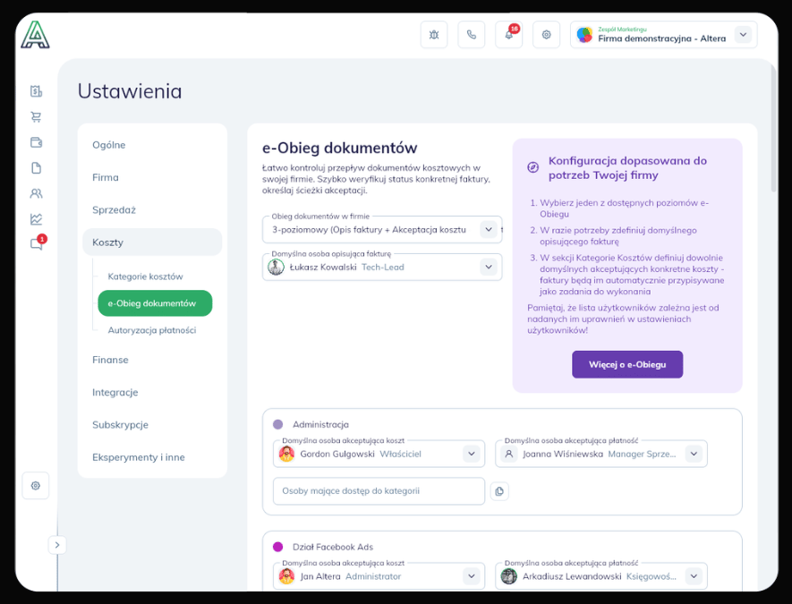 Ustawienia e-Obiegu dokumentów w Altera.app