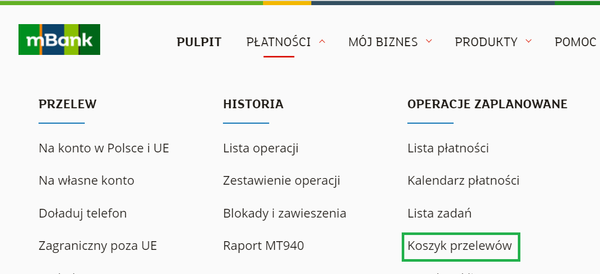 mBank Koszyk przelewów